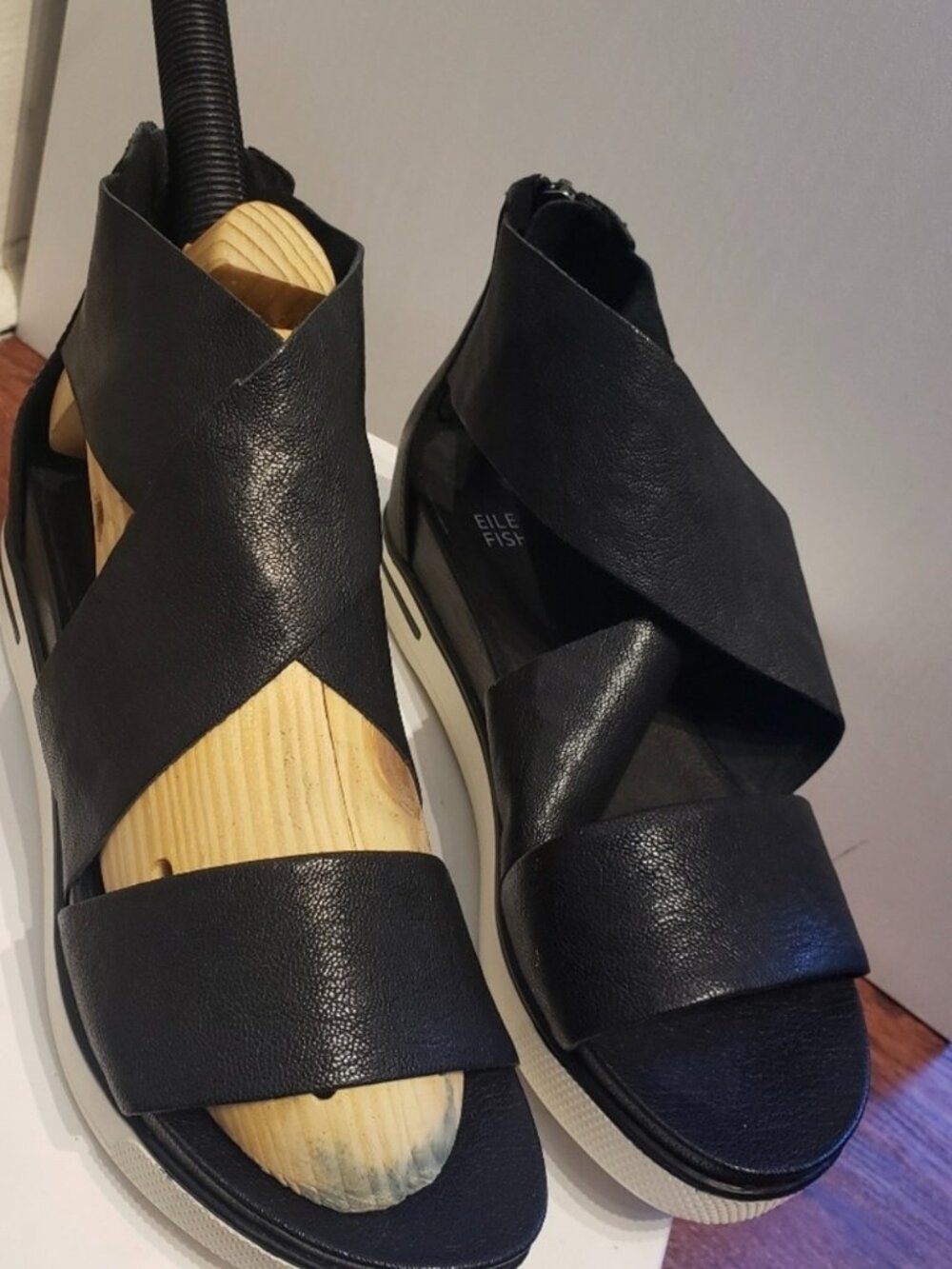 Eileen Fisher Sport Tumbled Black Leather Sneaker Sandal, size 10